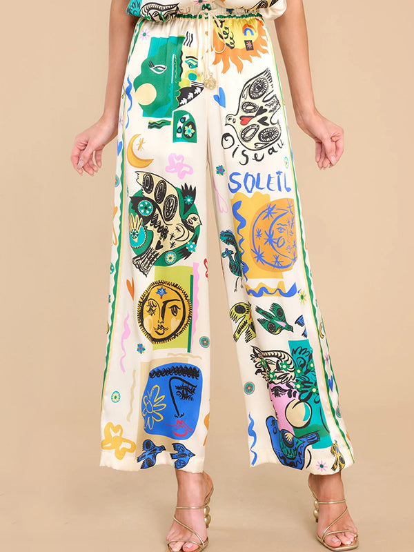 Loose Wide Leg Animal Printed Drawstring Elasticity Figure Pockets Pants Trousers