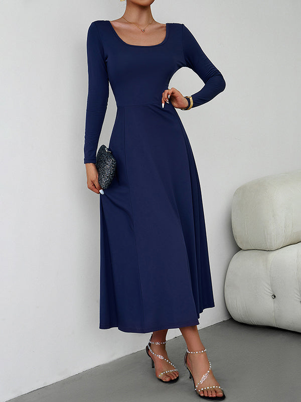 A-Line High Waisted Solid Color Tied Waist U-Neck Midi Dresses