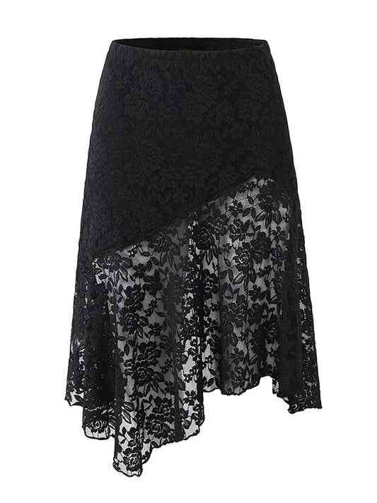 Long Sleeves See-Through Solid Color Mock Neck T-Shirts Tops + Split-Joint Asymmetric High Waisted Skirts Bottom Two Pieces Set