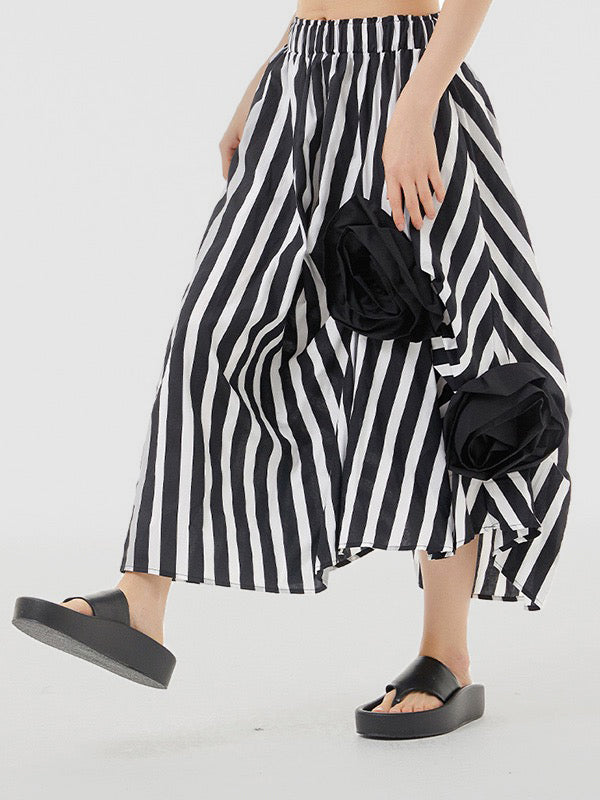 Loose Asymmetric Contrast Color Elasticity Striped Three-Dimensional Flower Skirts Bottoms