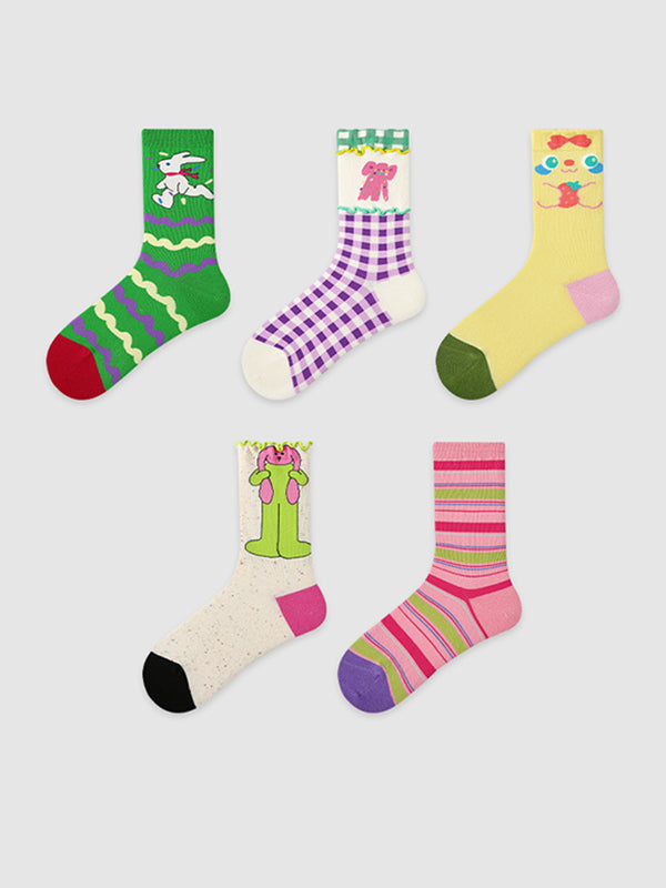 Contrast Color Elasticity Plaid Split-Joint Striped Socks Socks Accessories 5 Pairs