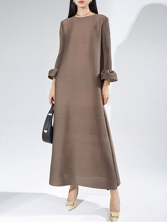 A-Line Loose Pleated Solid Color Round-Neck Maxi Dresses