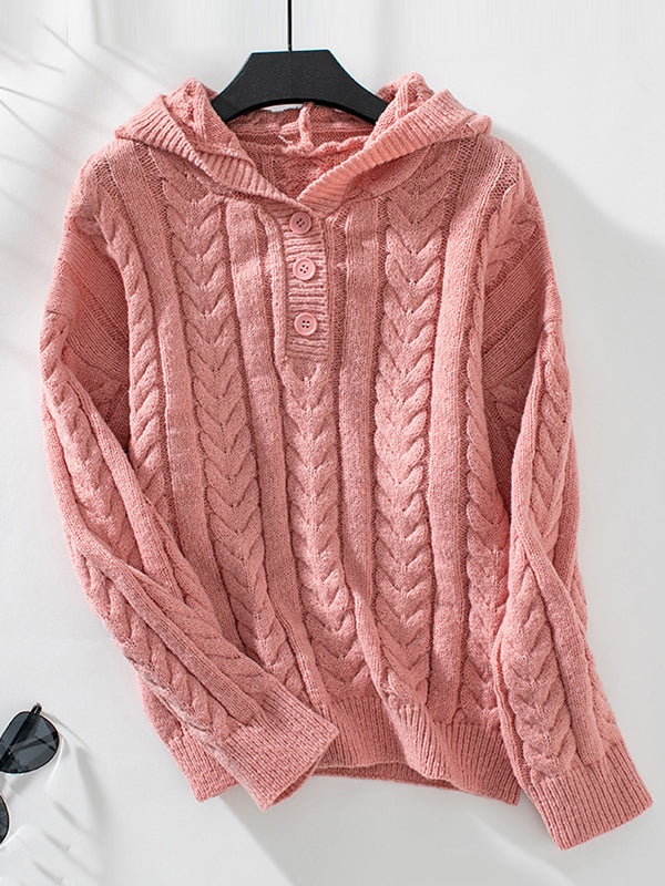 Hooded Long Sleeves Buttoned Solid Color Split-Joint Sweater Tops