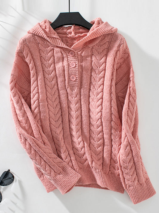 Hooded Long Sleeves Buttoned Solid Color Split-Joint Sweater Tops