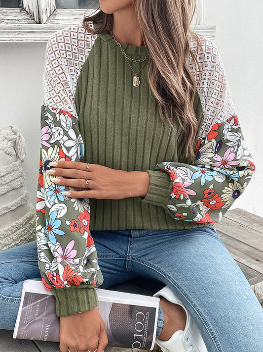 Long Sleeves Loose Contrast Color Flower Print Split-Joint Round-Neck T-Shirts Tops
