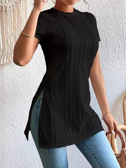 Short Sleeves Pleated Solid Color Split-Joint Split-Side Round-Neck T-Shirts