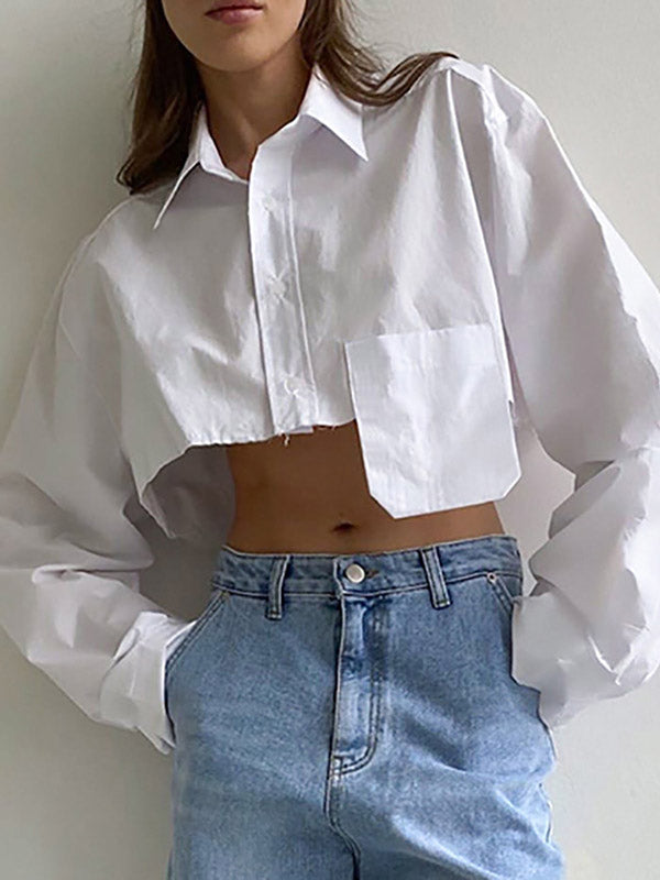 Long Sleeves Loose Asymmetric Buttoned Pockets Solid Color Split-Joint Lapel Blouses&Shirts Tops