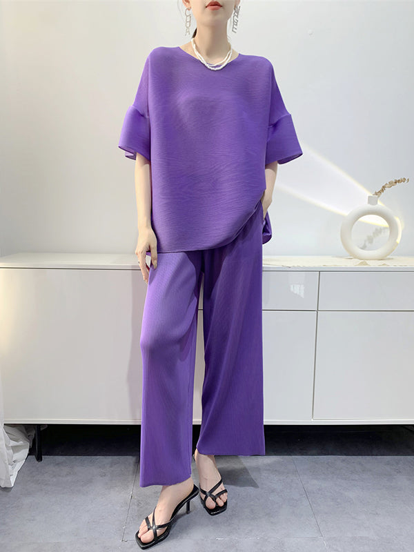 Elastics Pleated Solid Color Round-Neck T-Shirt + Wide Leg Pants Two Pieces Set