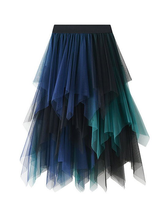 Urban Green Blue Contrast Color Irregular A-Line Gauze Skirts