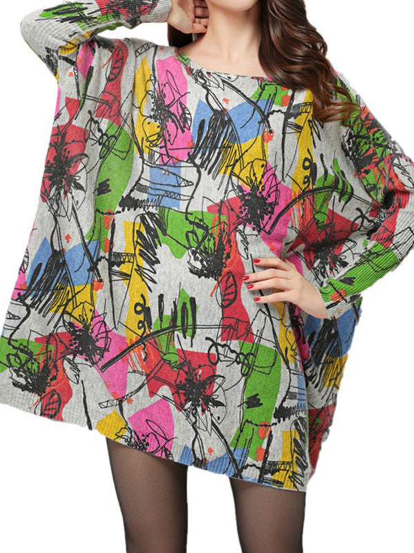 Long Sleeves Loose Printed Split-Joint Round-Neck Sweater Tops