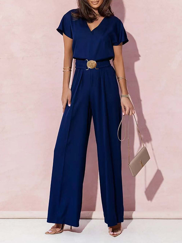 High Waisted Loose Belted Pleated V-Neck Jumpsuits