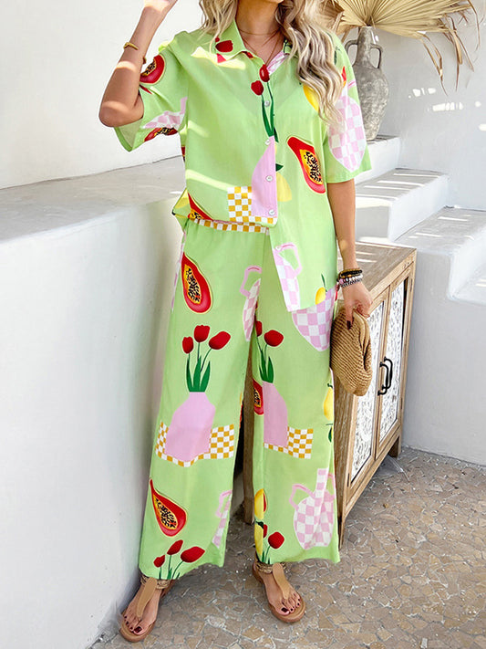Loose Buttoned Flower Print Contrast Color Lapel T-Shirt Top + Elasticity Pockets High Waisted Pants Bottom Two Pieces Set