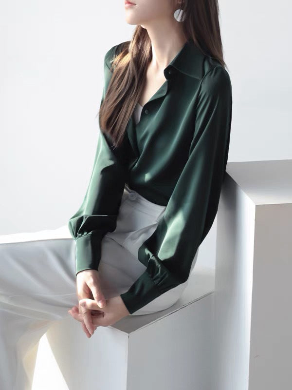 Casual Long Sleeves Loose Solid Color Lapel Collar Blouses&Shirts Tops