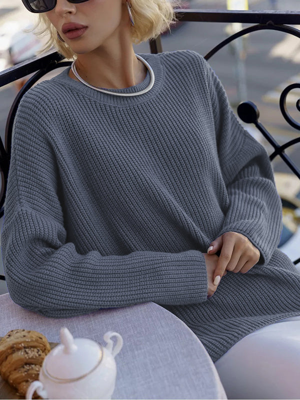 Long Sleeves Loose Solid Color Split-Joint Round-Neck Sweater Tops