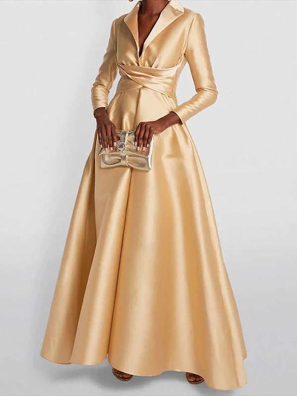 A-Line High Waisted Pleated Solid Color V-Neck Maxi Dresses