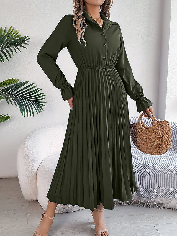 A-Line Flared Sleeves Buttoned Elasticity Pleated Solid Color Lapel Maxi Dresses