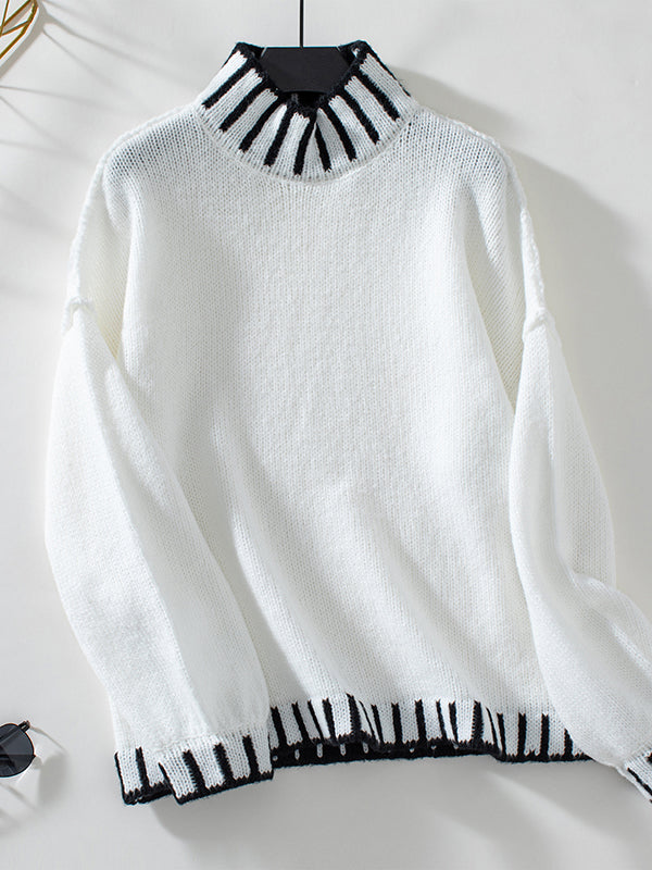 Long Sleeves Loose Contrast Color Split-Joint High Neck Pullovers Sweater Tops