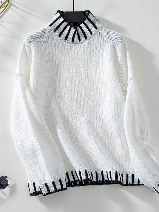 Long Sleeves Loose Contrast Color Split-Joint High Neck Pullovers Sweater Tops