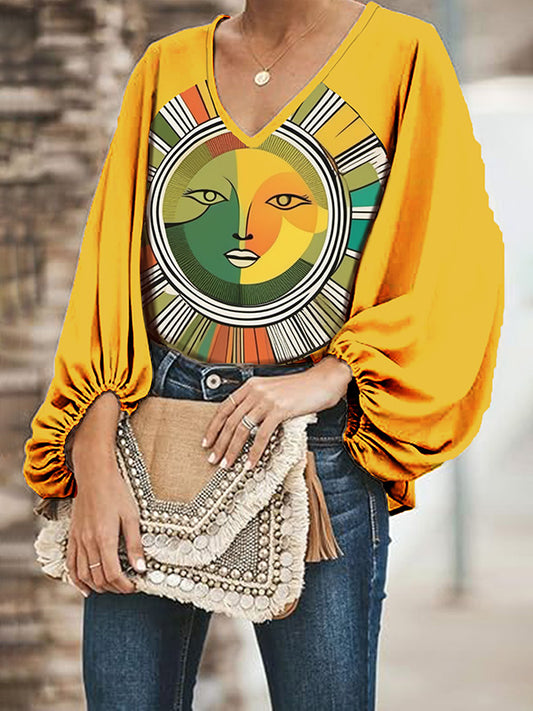 Long Sleeves Loose Elasticity Figure V-neck T-Shirts Tops