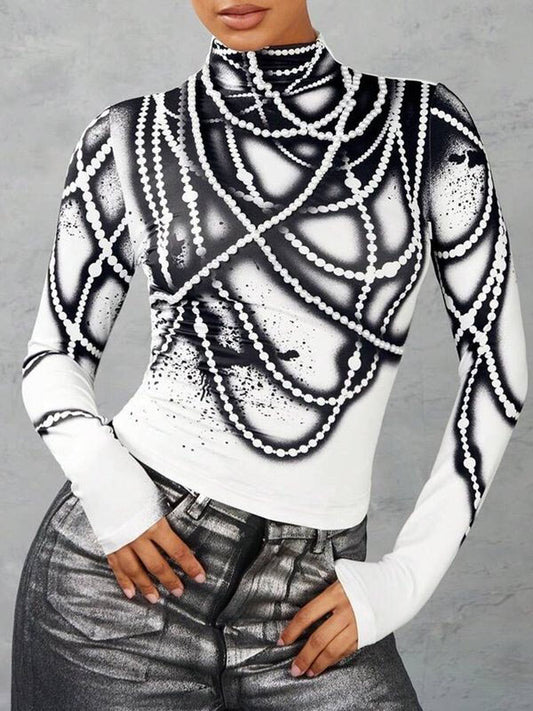 Long Sleeves Skinny Printed Striped High Neck T-Shirts Tops