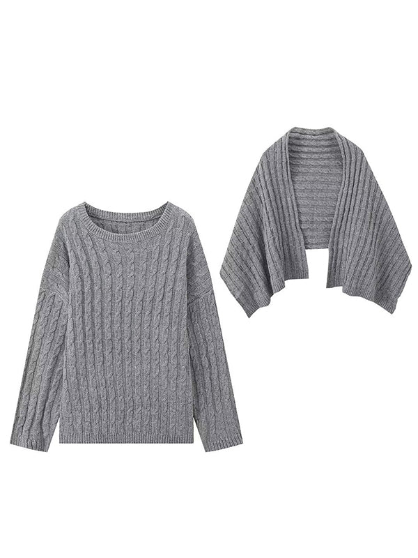 Long Sleeves Loose Solid Color Split-Joint Round-Neck Sweater Tops + Scarf Two Pieces