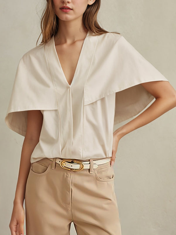 Capelet Loose Pleated Solid Color Split-Joint V-Neck Blouses&Shirts Tops