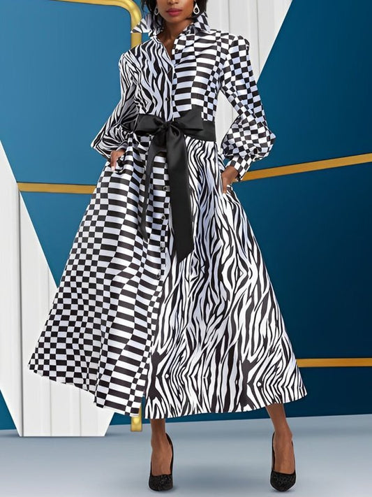 A-Line High Waisted Buttoned Contrast Color Plaid Pockets Tied Waist Lapel Midi Dresses