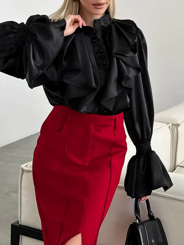 Flared Sleeves Loose Falbala Solid Color Split-Joint Stand Collar Blouses&Shirts Tops