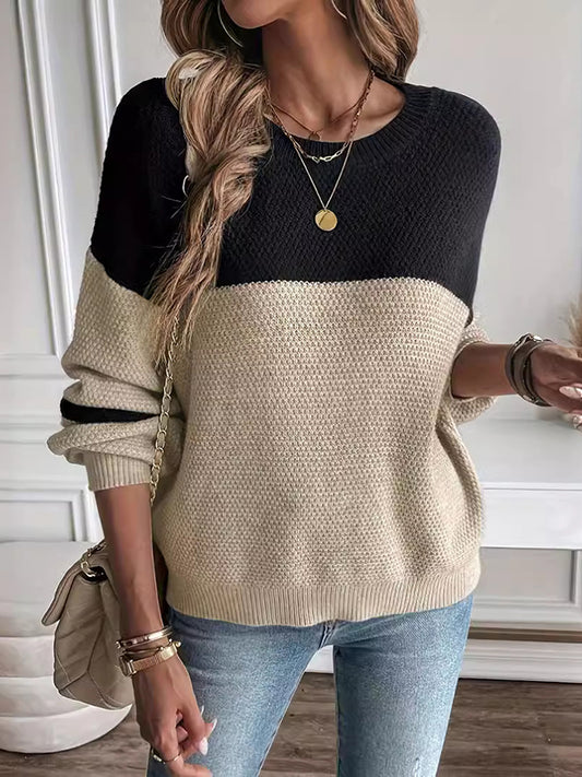 Long Sleeves Loose Contrast Color Split-Joint Round-Neck Pullovers Sweater Tops