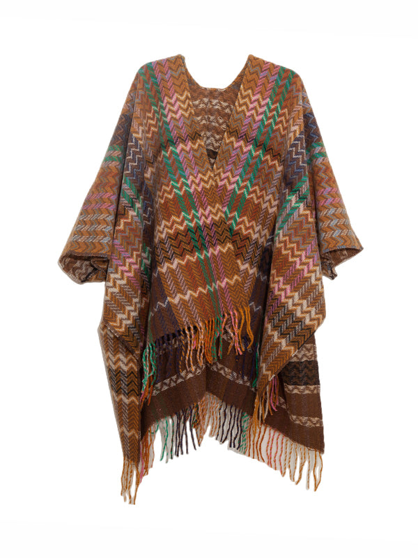 High-Low Long Sleeves Keep Warm Split-Side Tasseled Shawl&Scarf