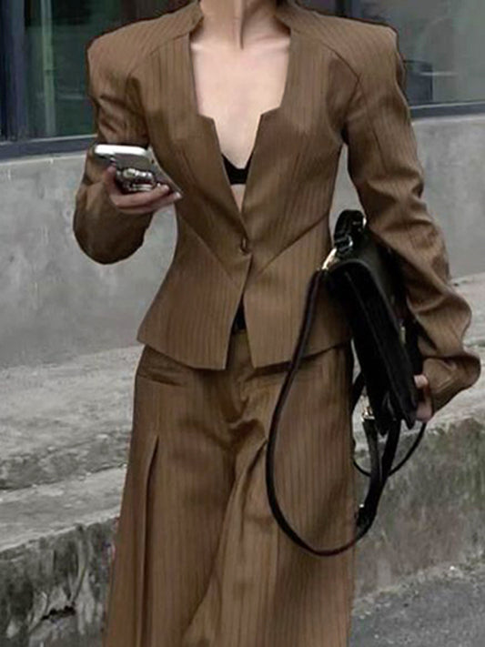 Long Sleeves Loose Buttoned Split-Joint Striped V-Neck Blazer Outerwear