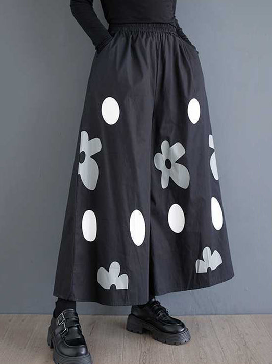 Loose Wide Leg Elasticity Flower Print Pockets Culotte Pants