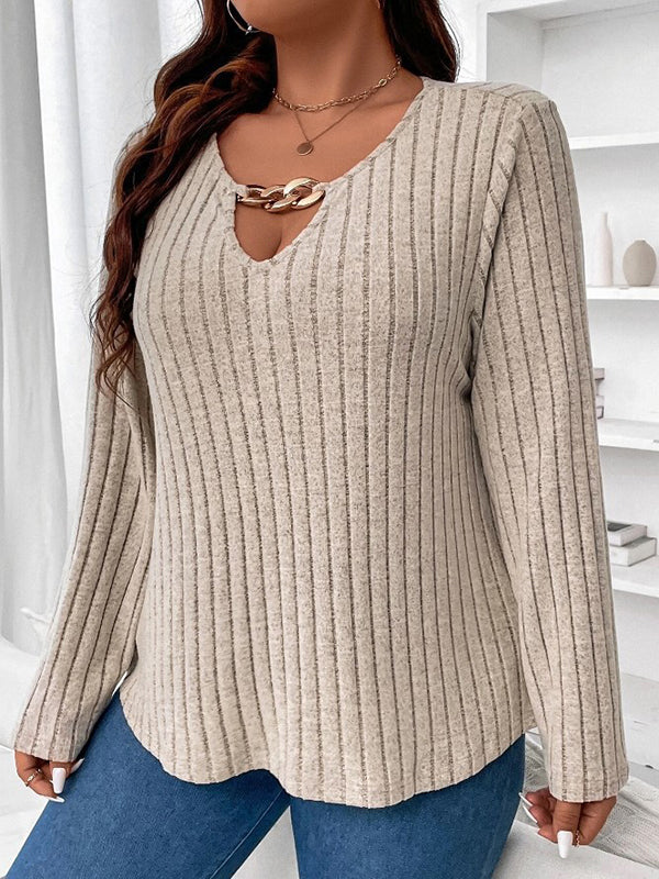 Long Sleeves Loose Solid Color V-Neck T-Shirts Tops