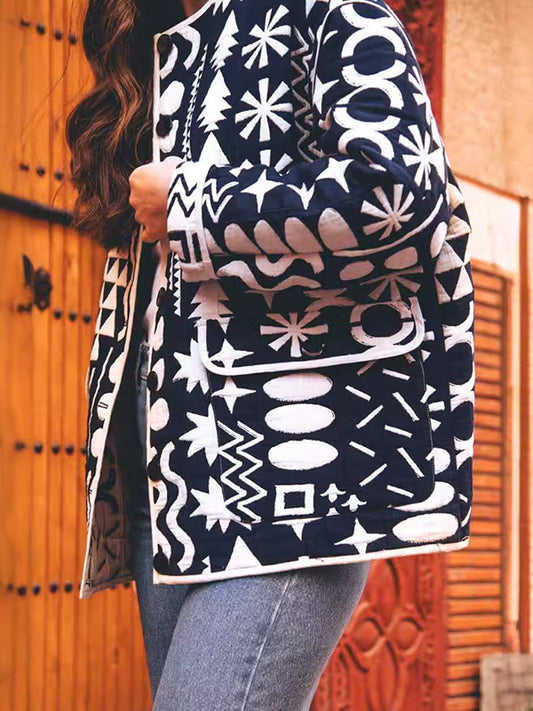 Long Sleeves Loose Contrast Color Printed Reversible Split-Joint Outerwear