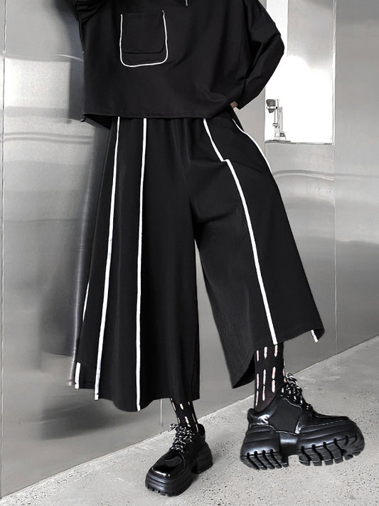 Vintage Loose Wide Leg Contrast Color Striped Elasticity Split-Joint Casual Pants Bottoms