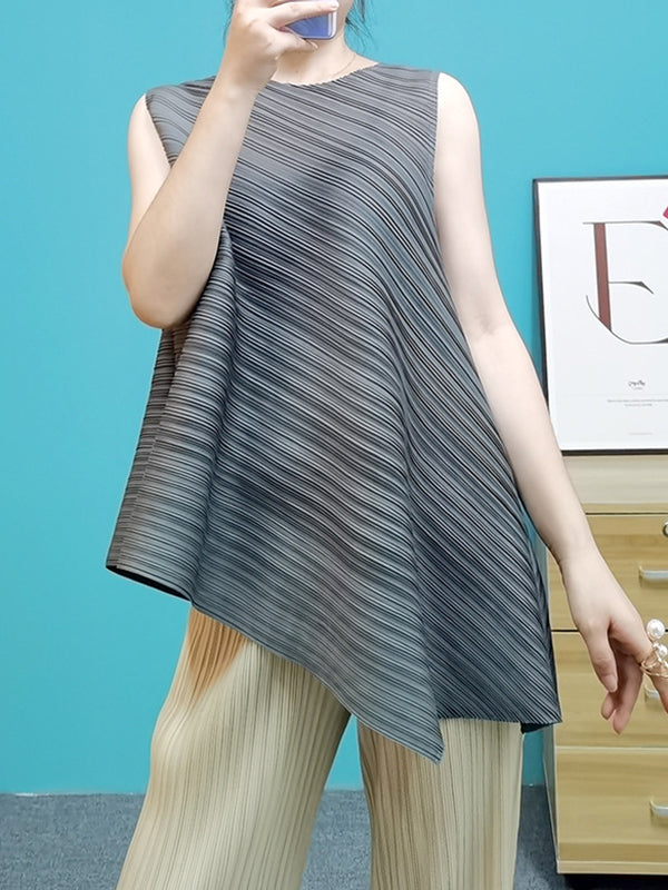 Irregular Clipping Loose Pleated Solid Color Round-Neck Vest Top