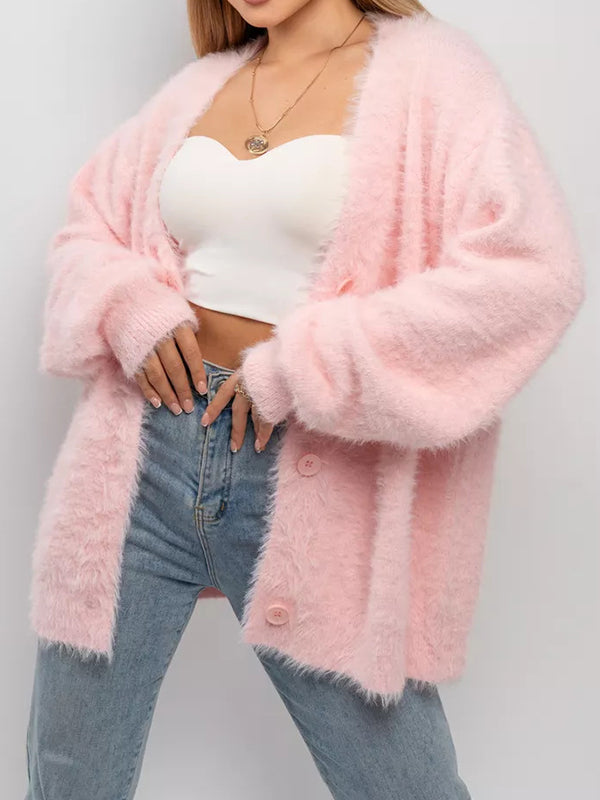 Long Sleeves Loose Buttoned Solid Color V-Neck Cardigan Tops