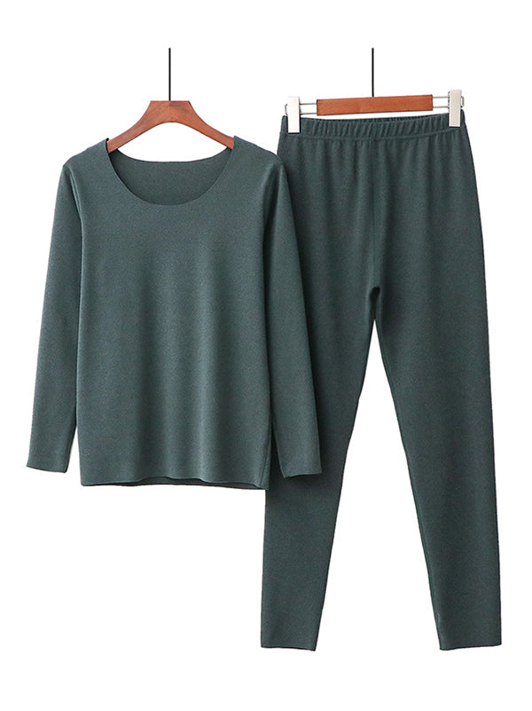 2PCS Plus Size Solid Color Round-Neck Top&Bottom Pajama Set