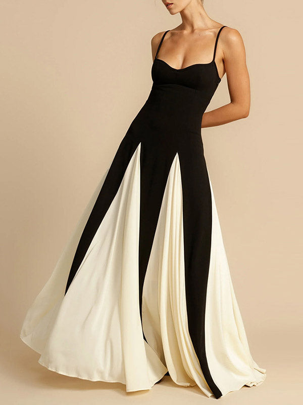 A-Line Sleeveless Contrast Color Pleated Split-Joint Spaghetti-Neck Evening Dresses Maxi Dresses