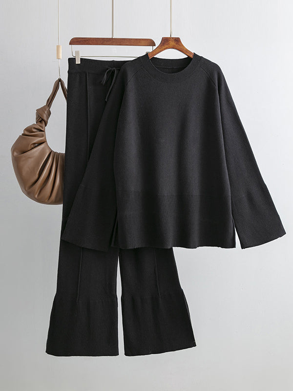 Casual Long Sleeves Loose Solid Color Round-Neck Sweater Tops & Wide Leg Pants Two Pieces Set