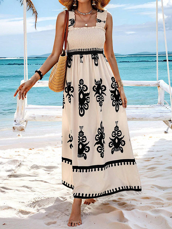 A-Line Loose Elasticity Pleated Printed Split-Joint Square-Neck Maxi Dresses
