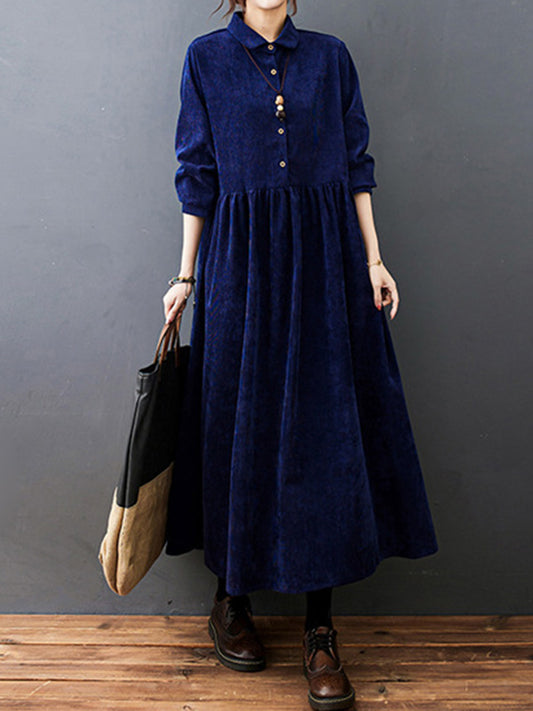 Vintage Split-Joint Solid Color Long Sleeves Lapel A-Line Corduroy Midi Dress