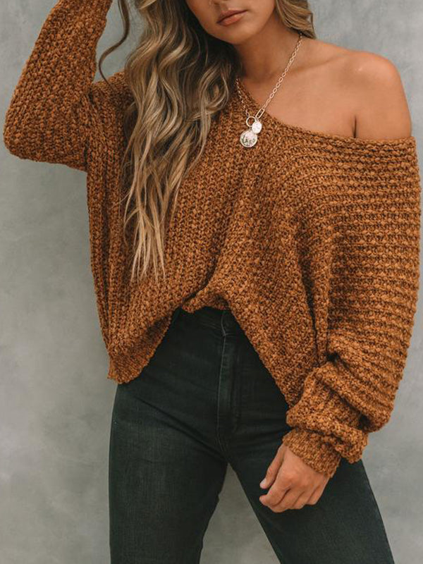 Long Sleeves Loose Solid Color V-Neck Knitwear Pullovers Sweater Tops