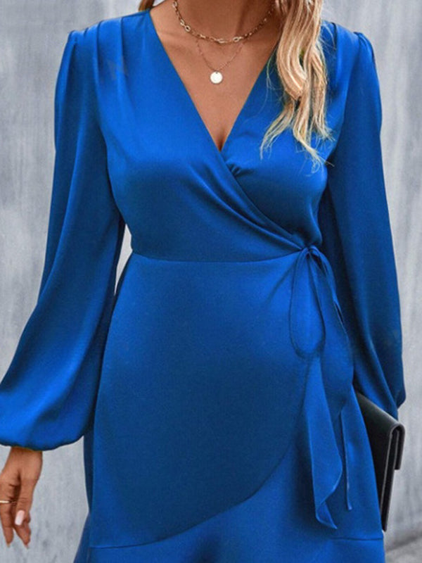 High Waisted High-Low Elasticity Pleated Solid Color Split-Joint Tied V-Neck Mini Dresses