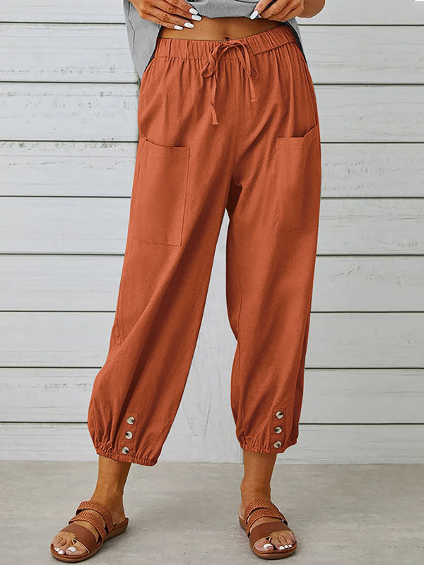 High Waisted Loose Buttoned Drawstring Elasticity Pockets Split-Joint Ninth Pants Trousers