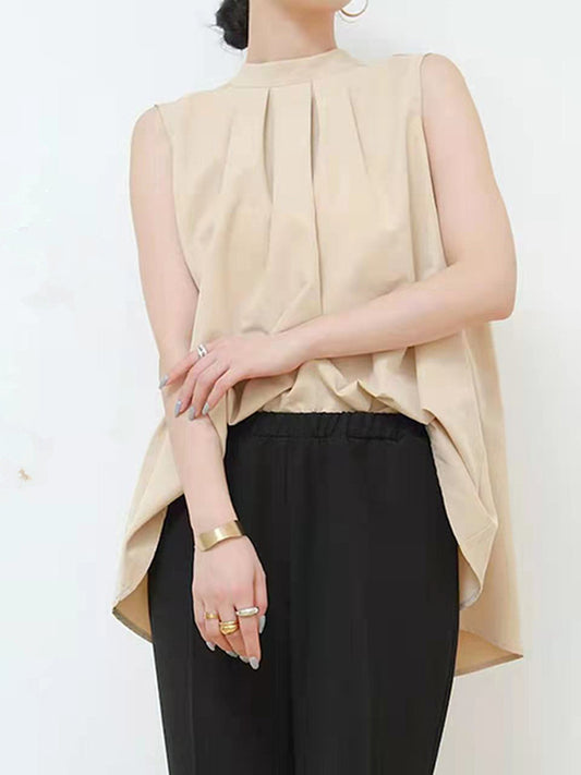 High-low Loose Lace-Up Pleated Solid Color Split-Joint Streamer Stand Collar Vest Top