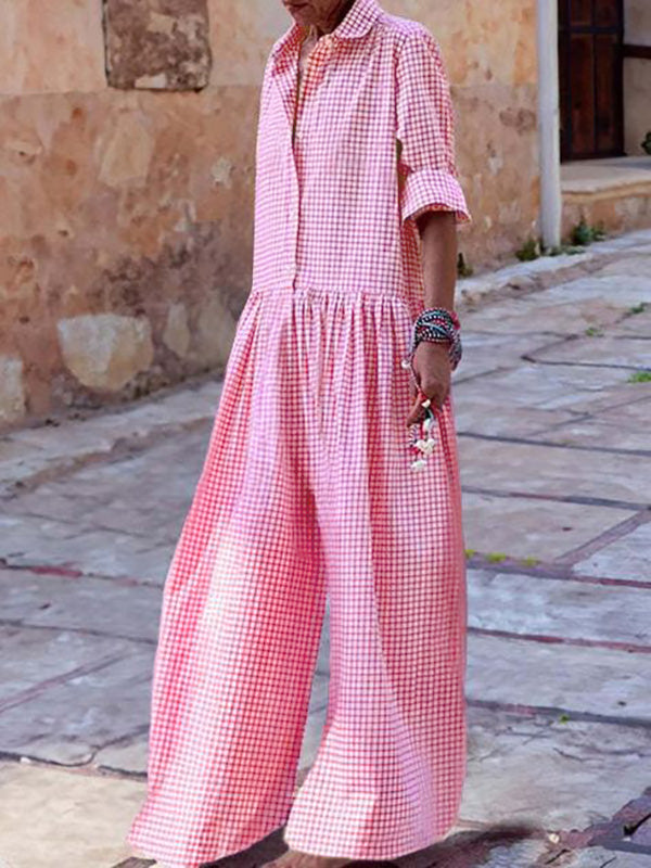 Long Sleeves Loose Buttoned Plaid Pleated Split-Joint Lapel Jumpsuits