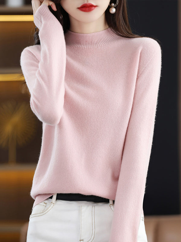 Casual Long Sleeves Solid Color Half Turtleneck Sweater Tops