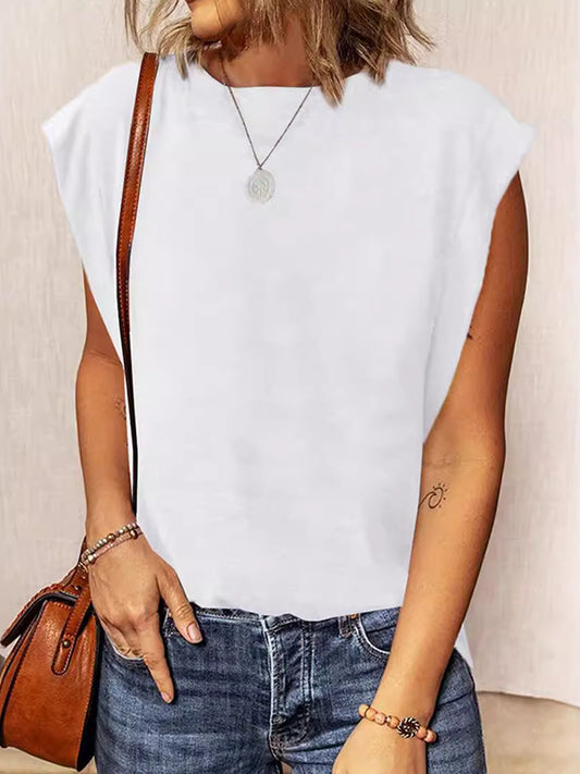 Loose Sleeveless Solid Color Split-Joint Round-Neck Vest Top