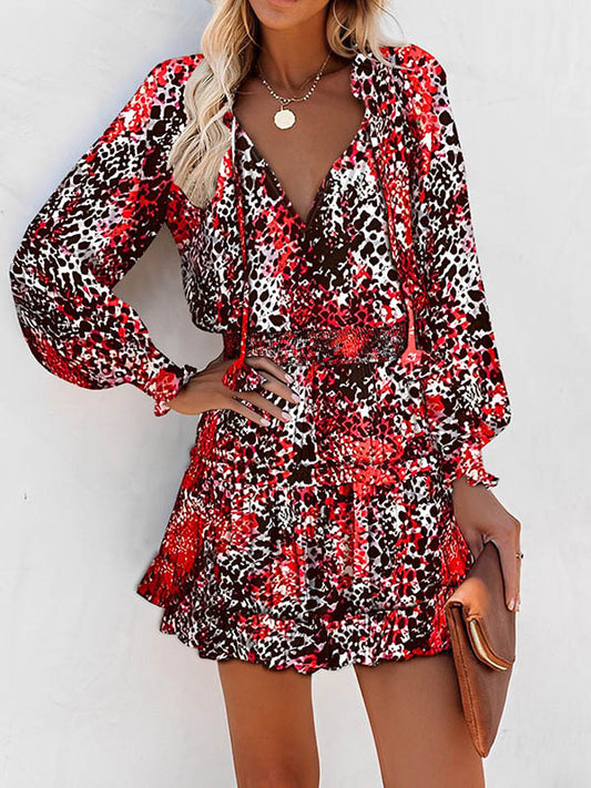 A-Line Long Sleeves Contrast Color Leopard Pleated Split-Joint Tied V-Neck Mini Dresses